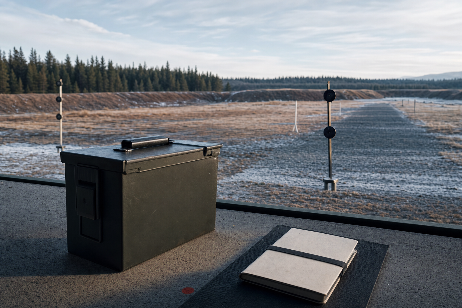 A quiet Canadian range lane with a closed ammunition box and wind indicators.