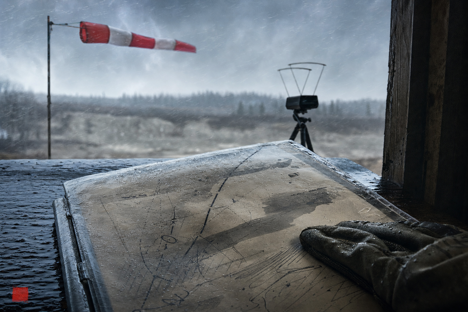 A wind flag, chronograph silhouette, and abstract range notes in rough weather.