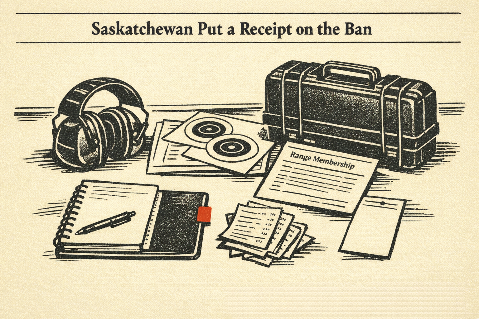 A newer shooter's practical gear table with ear protection, notebook, case, and receipts.