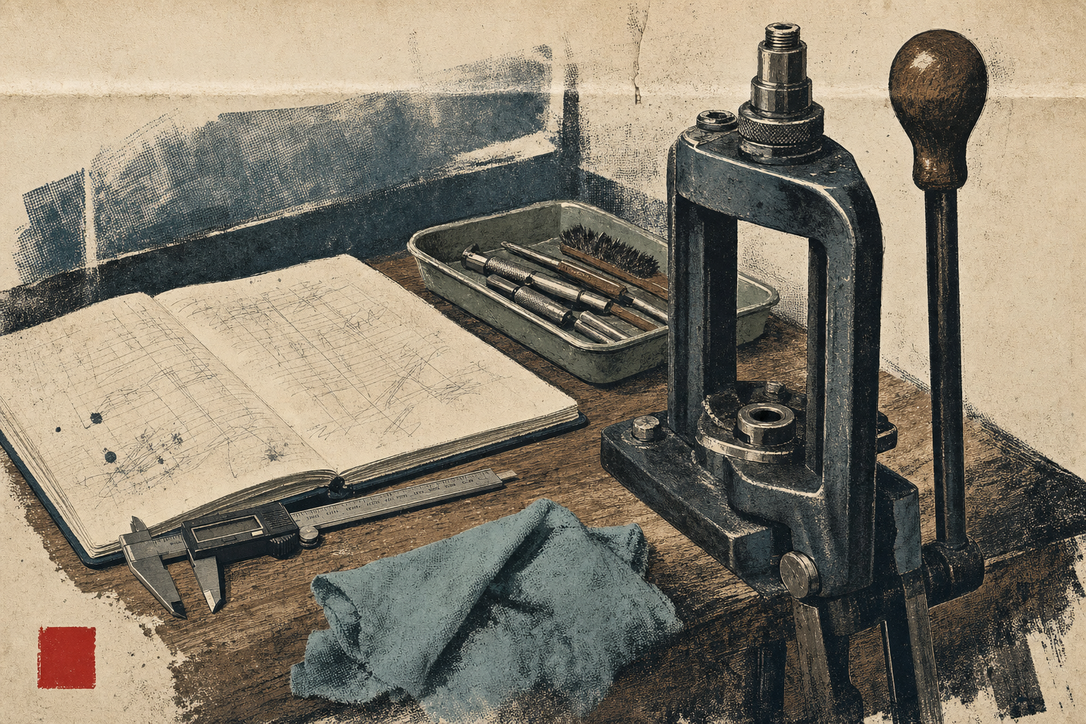 A single-stage reloading press sitting idle at the end of a long bench session, with an open notebook, calipers, shop towel, and small tray of inert brass-prep tools visible on the bench.