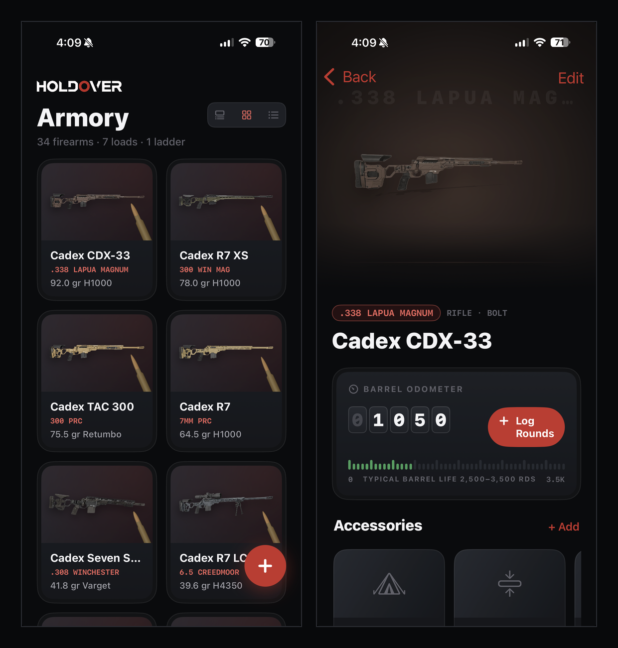 Holdover Armory app screenshots showing a rifle-card overview and a rifle detail screen with round count and accessories.