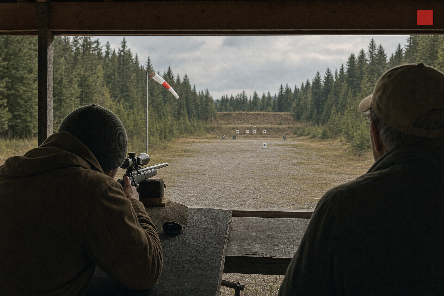 A modest Canadian rimfire range lane with a wind flag and distant small targets.