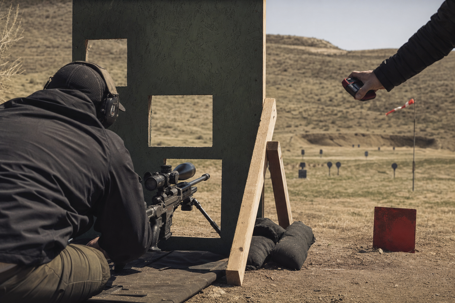 A PRS barricade stage with a timer cue, distant steel, and an anonymous shooter preparing safely.