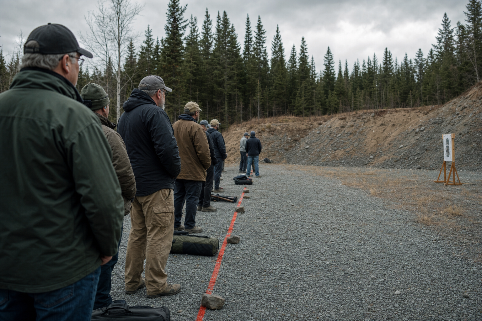 An informal Canadian firing line with adult shooters waiting behind it.