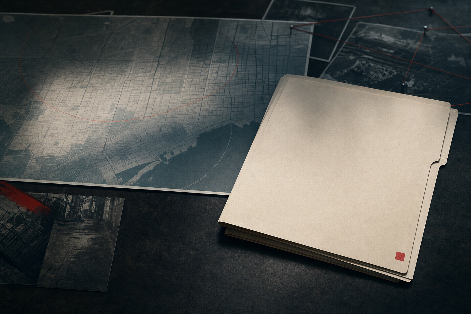 A blank warrant file and muted map on a dark briefing table.