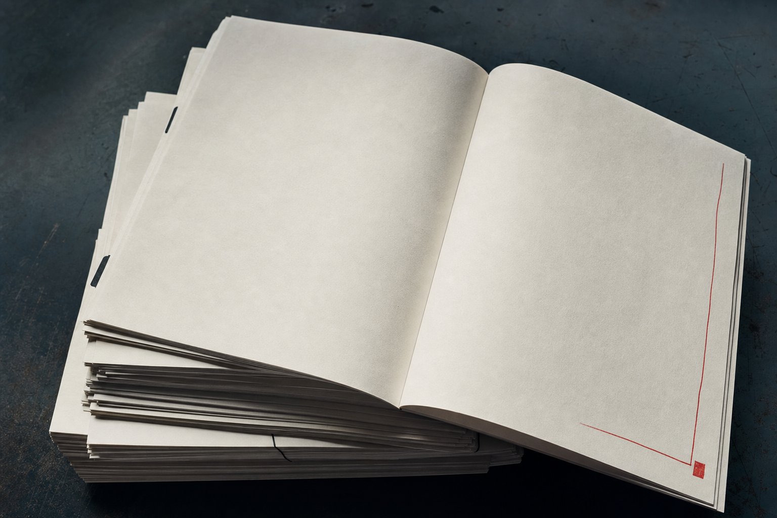 Blank consultation pages beside a restrained red annotation line.