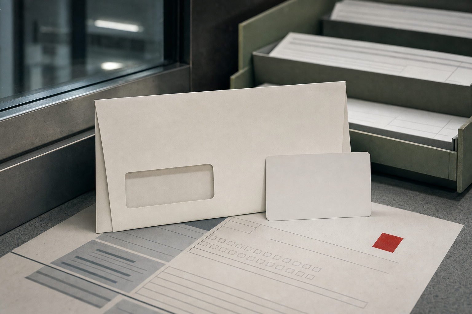 Blank licensed-owner paperwork and appointment shapes arranged under institutional light.