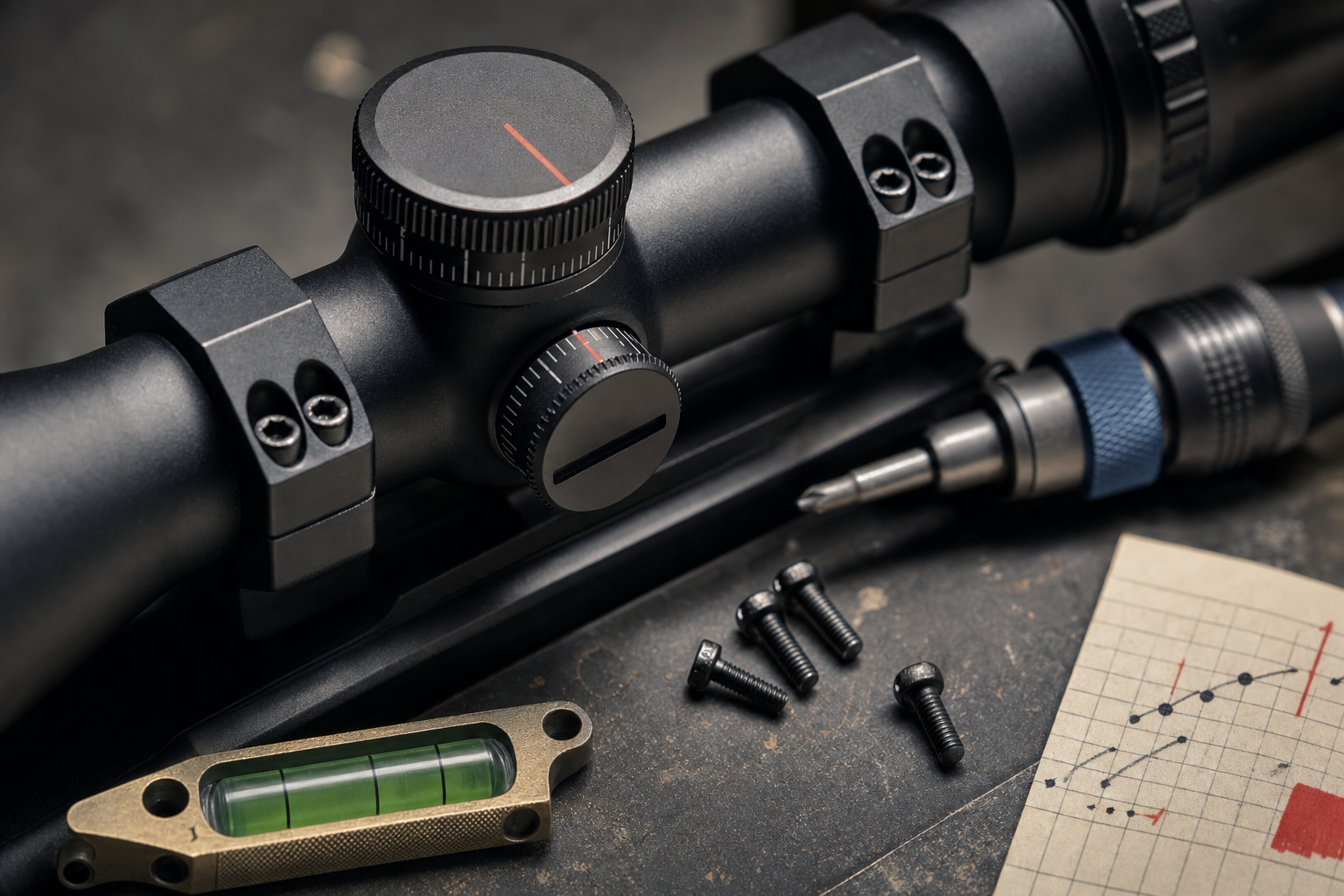 A close detail of a scope turret, ring screws, torque driver, and zero notes during setup.