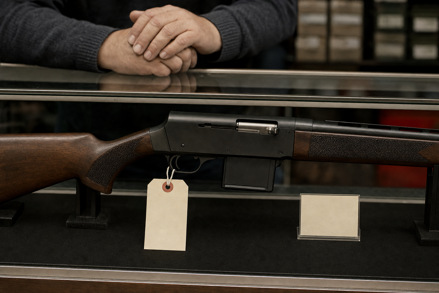 A Canadian gun counter with a blank preorder tag and a sporting semi-auto rifle detail.