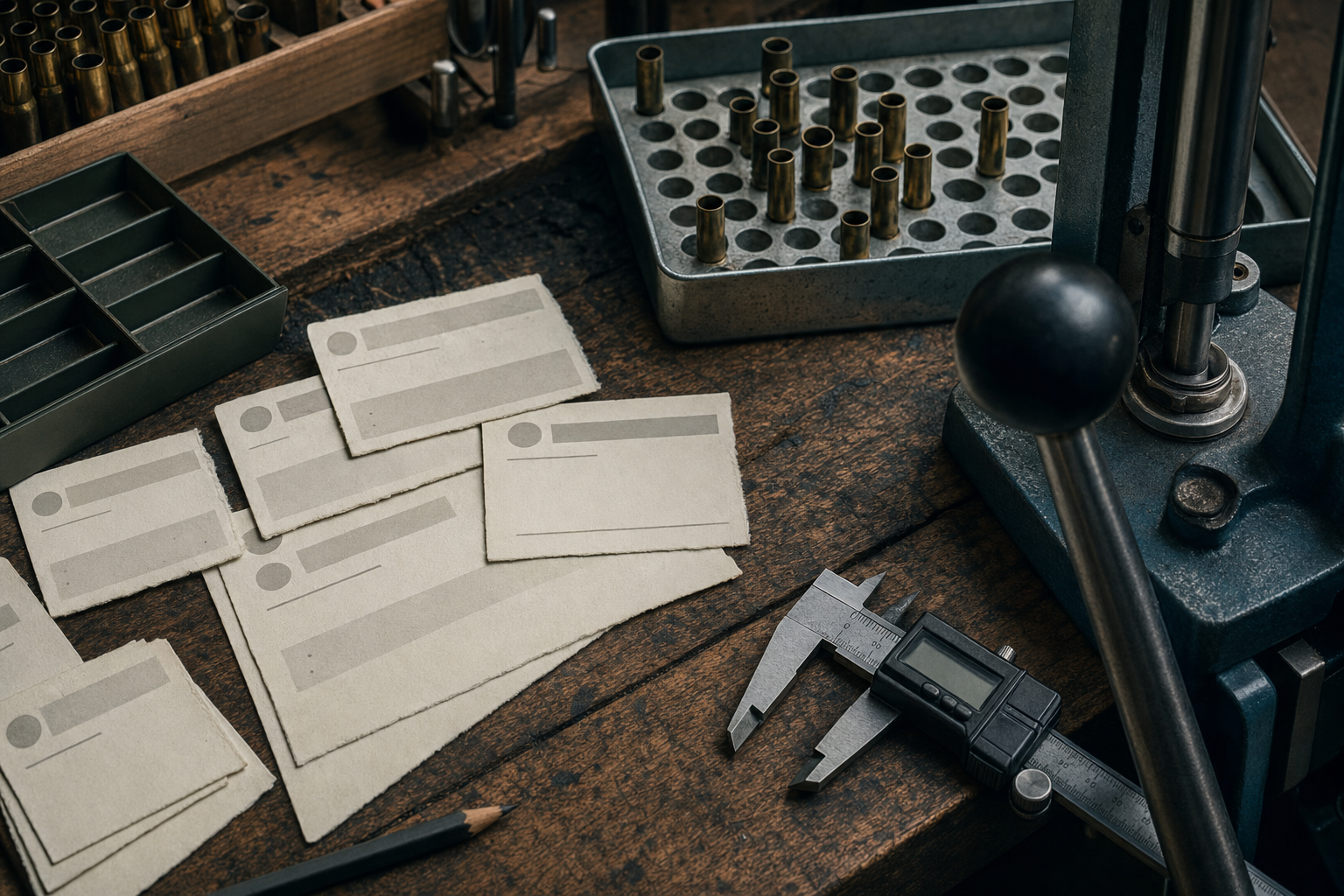 A reloading bench with blank forum fragments, brass trays, calipers, and a press handle.