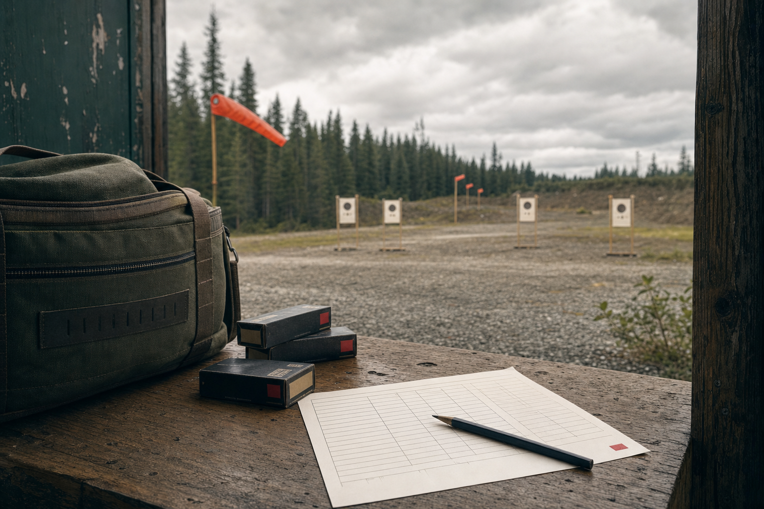 A Canadian rimfire range threshold with target frames, wind flags, a range bag, and generic .22 LR boxes.