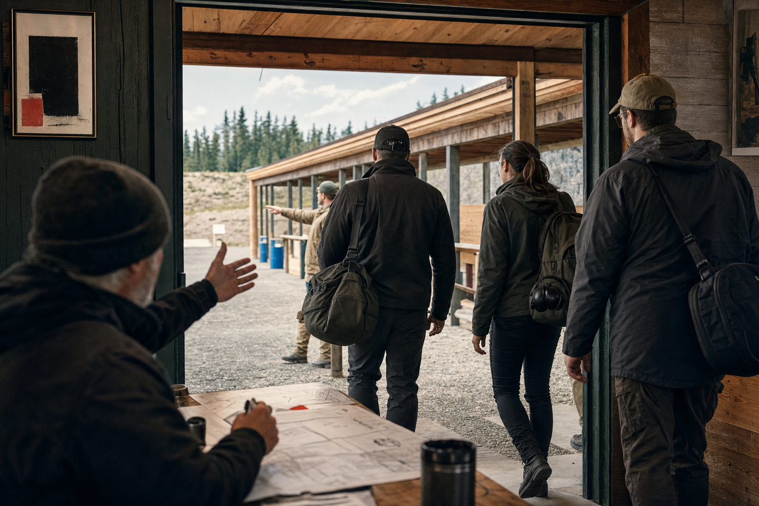 A Canadian range open-house sign-in area leading toward the first firing lane.