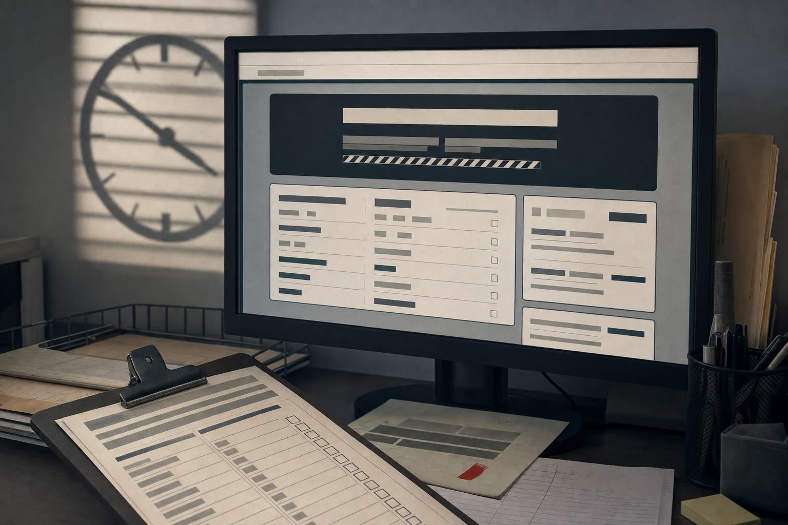 An abstract deadline portal with a clock and non-readable claim form blocks.