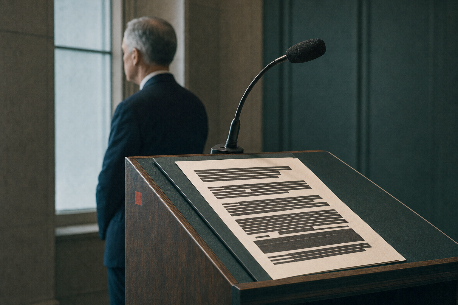 A restrained federal podium scene with a statement page rendered as unreadable blocks.