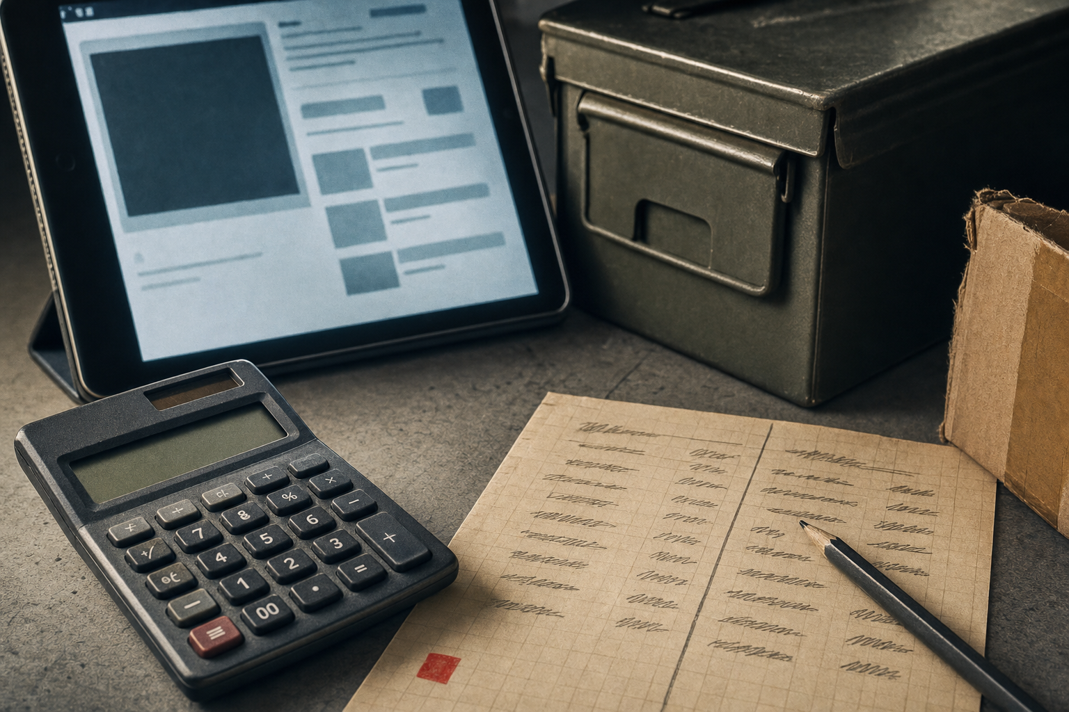 A calculator beside an abstract online listing and a muted ammunition tin silhouette.