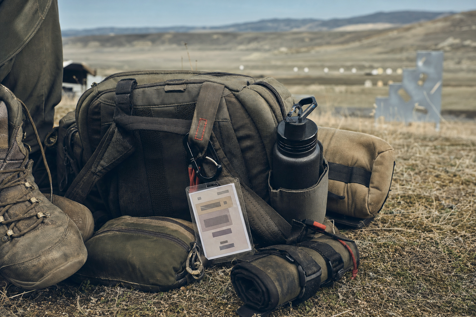 Match gear packed for a BC PRS stage, including water, bag, boots, and a non-readable stage card.