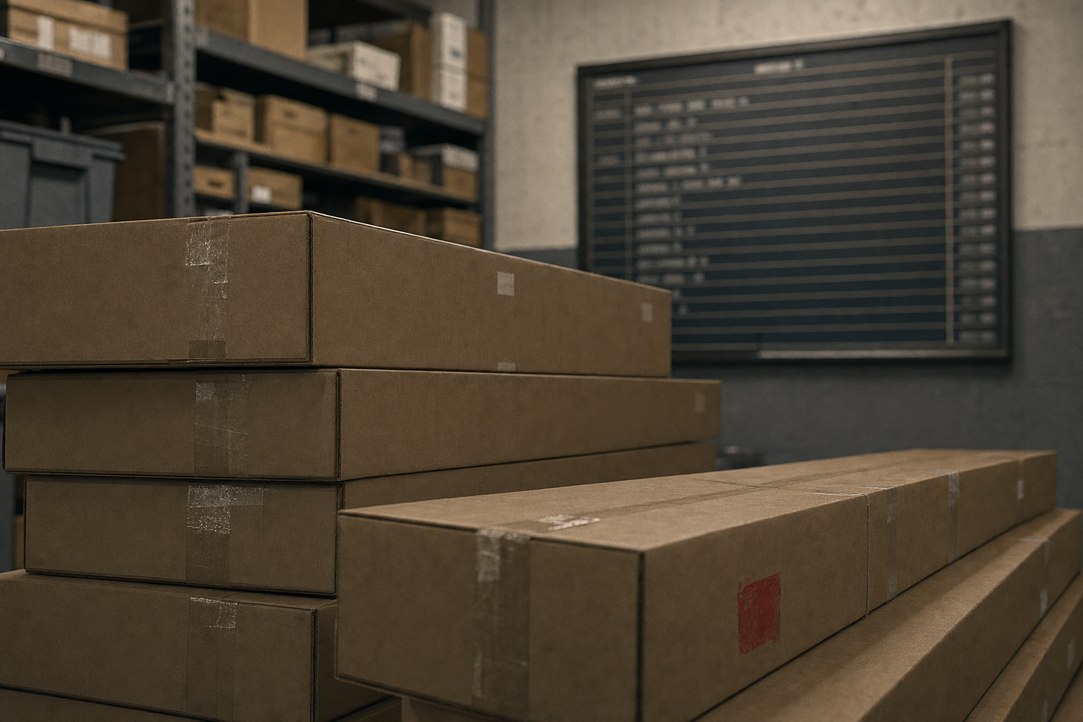 Sealed retailer cartons and a blurred arrival board in a Canadian firearm shop stockroom.