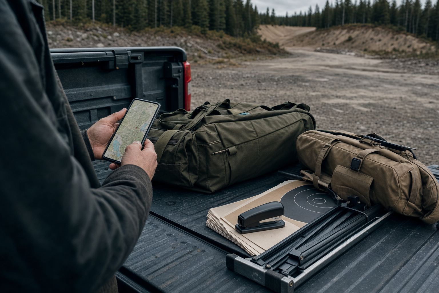 A Canadian public-land access map and range bags on a vehicle tailgate before a shooting session.