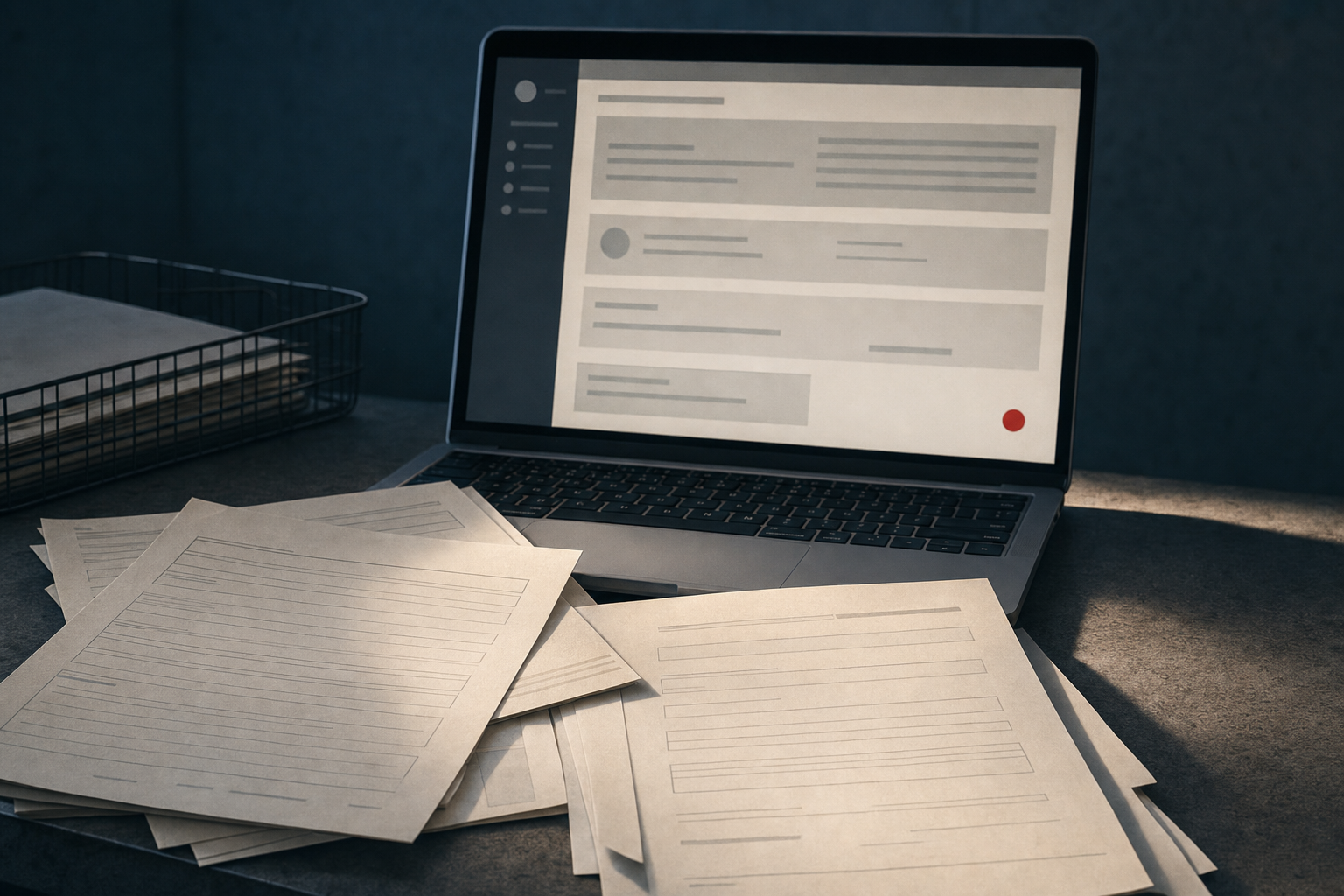 An abstract owner-compliance portal and blank licence paperwork with no readable details.