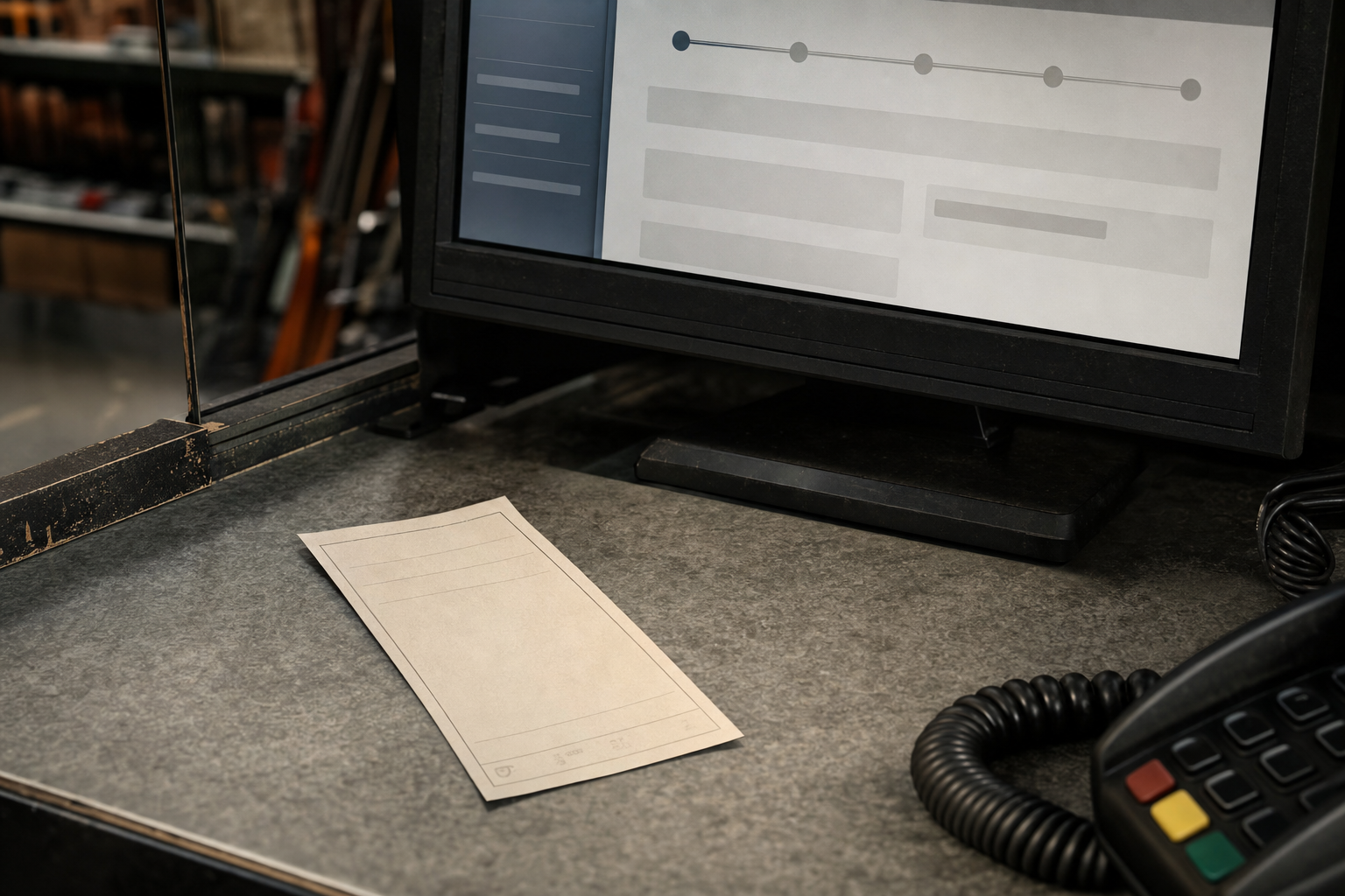 A blank reference-number slip and abstract online transfer screen on a retail counter.