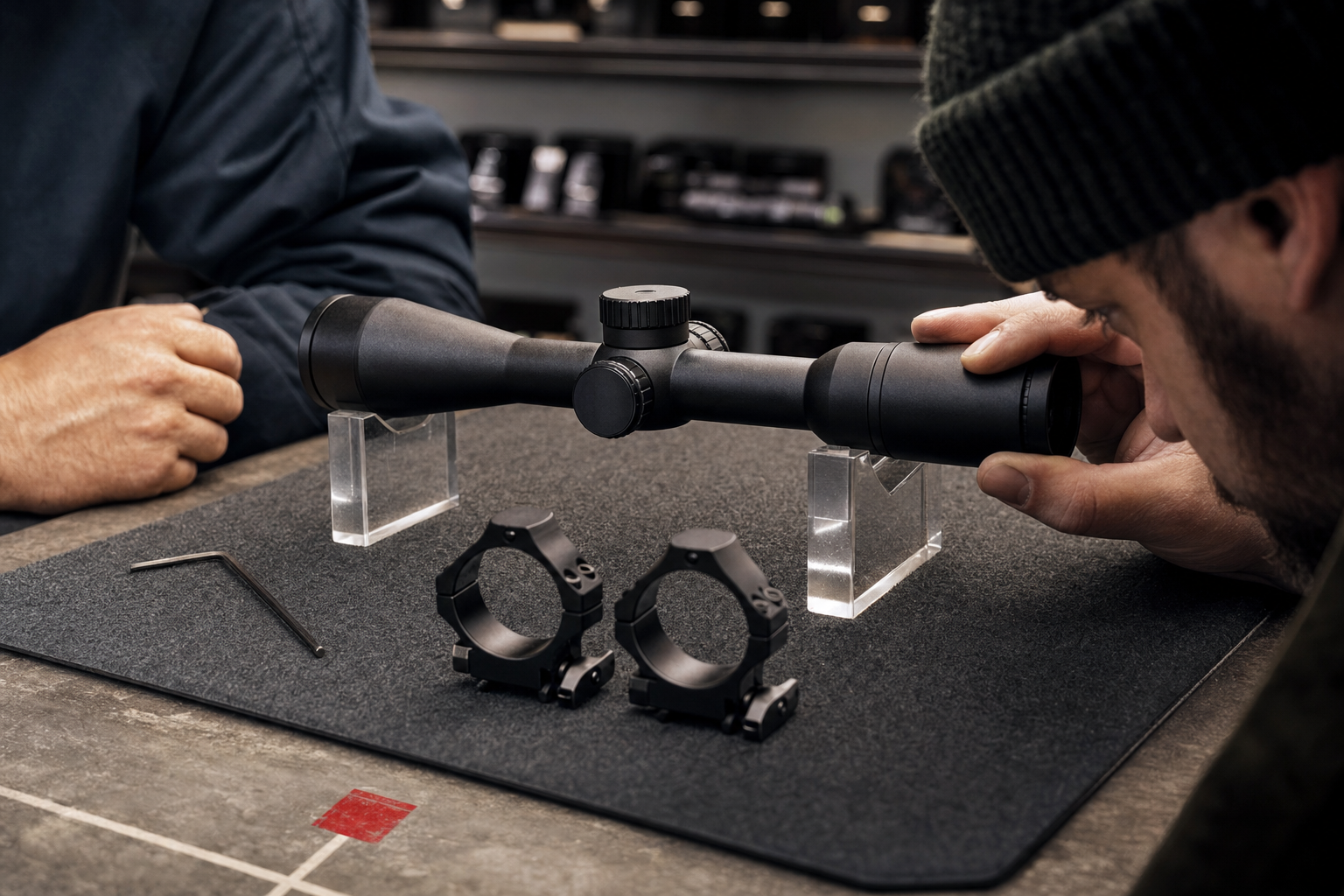 A Canadian optics fitting table with an unbranded scope, rings, and a customer hand checking eye relief.