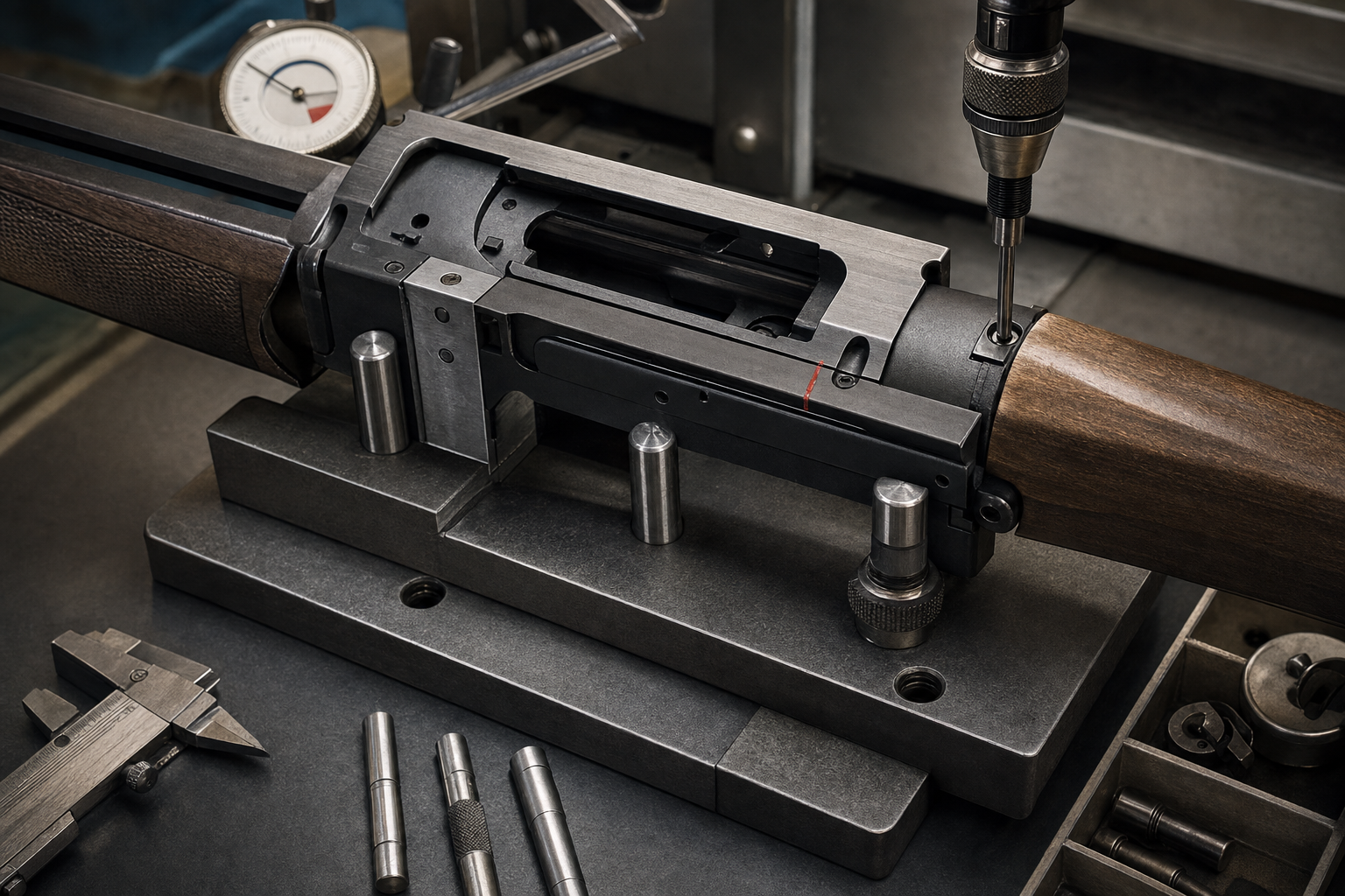 A semi-auto receiver detail in an inspection fixture with gauges and a torque driver.