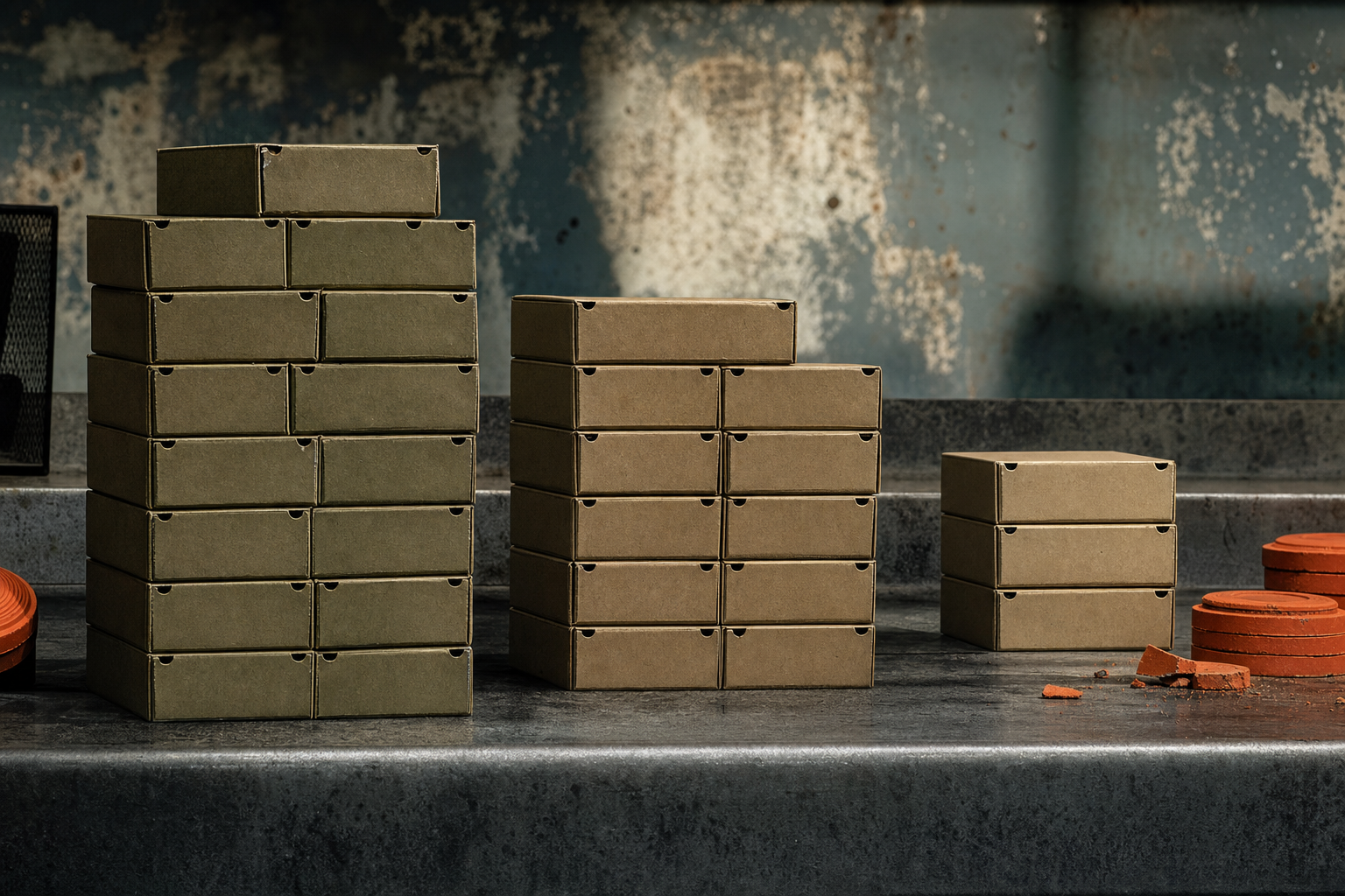 Three unequal stacks of generic shotgun shell boxes representing 12, 20, and 28 gauge costs.