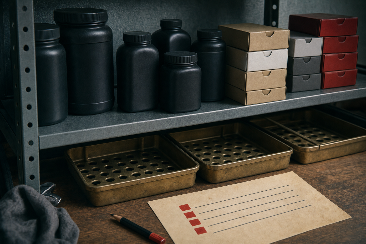 A Canadian component shelf with generic powder and primer shapes beside empty brass trays.