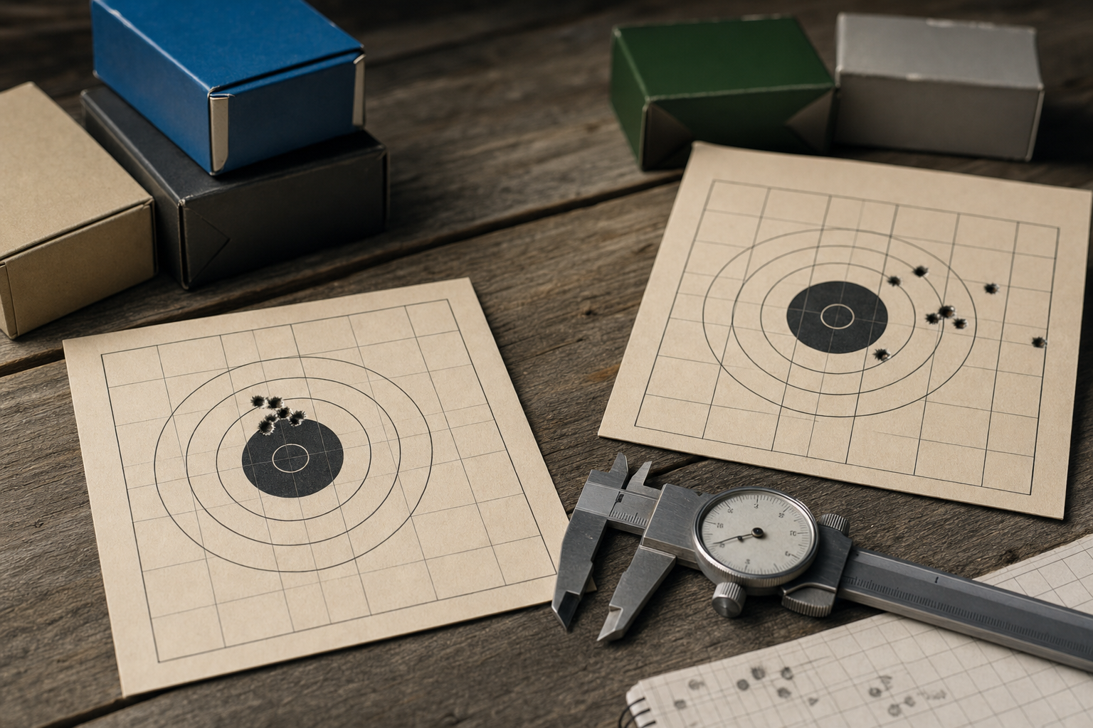 Paper target cards and generic rimfire ammunition boxes arranged to compare .22 LR lots.