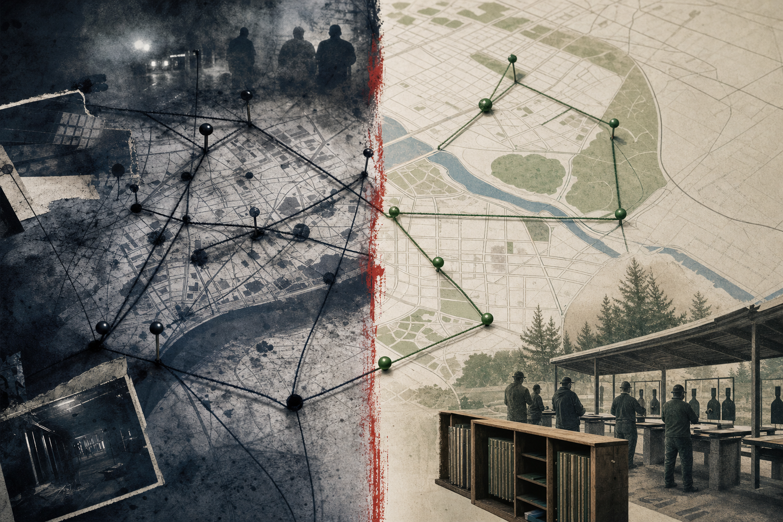 A split editorial map contrasting illegal-firearm enforcement routes with a lawful owner record path.