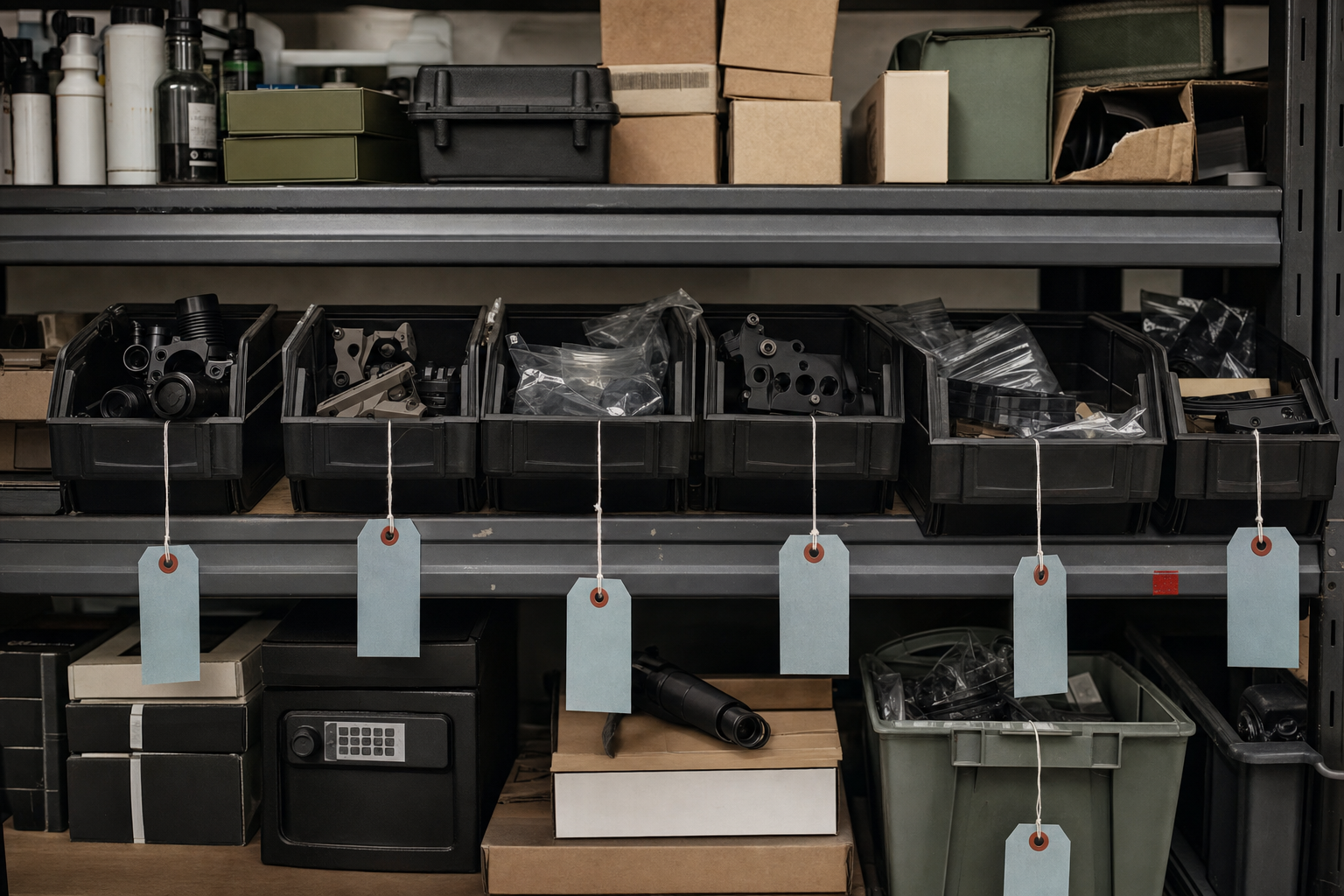 Retailer inventory bins and boxed components with blank claim tags.