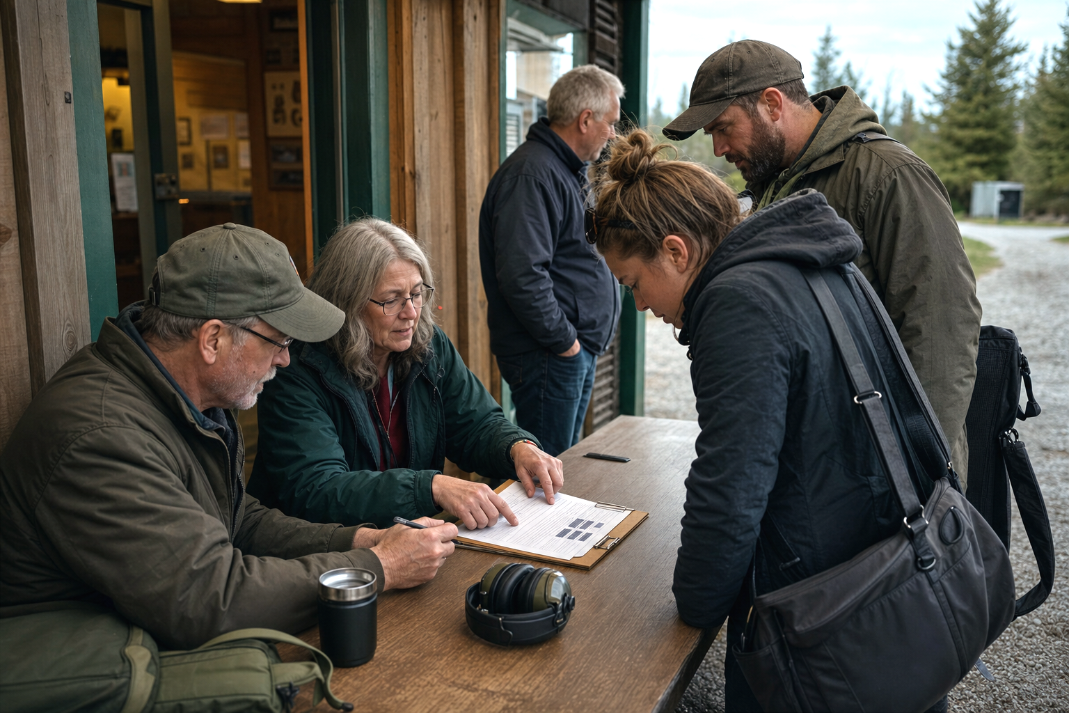 A Canadian range-club sign-in table with volunteers and new visitors.