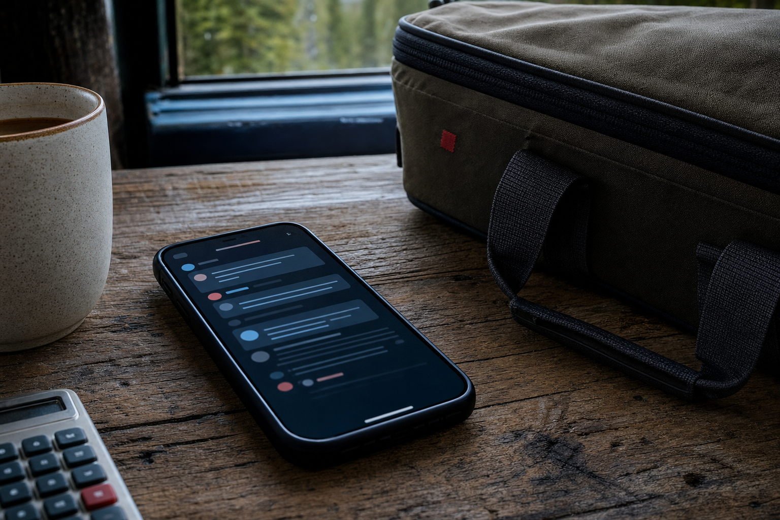 A phone with an abstract discussion thread beside coffee and a closed range bag.