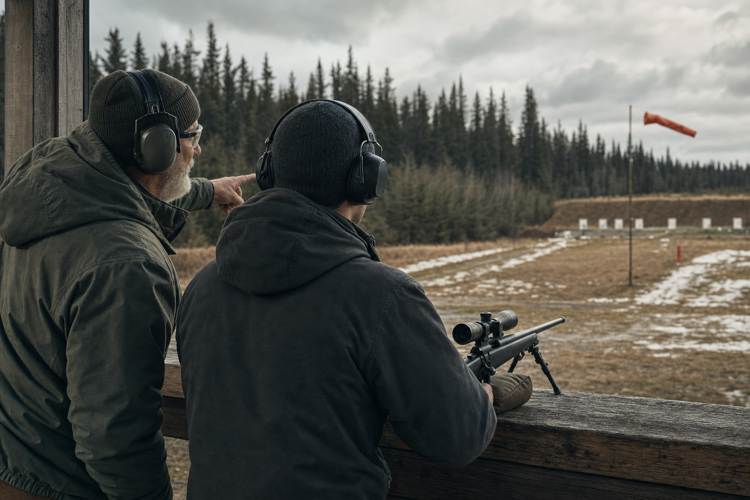 A Canadian range instructor talking with a newer adult shooter while they observe conditions.