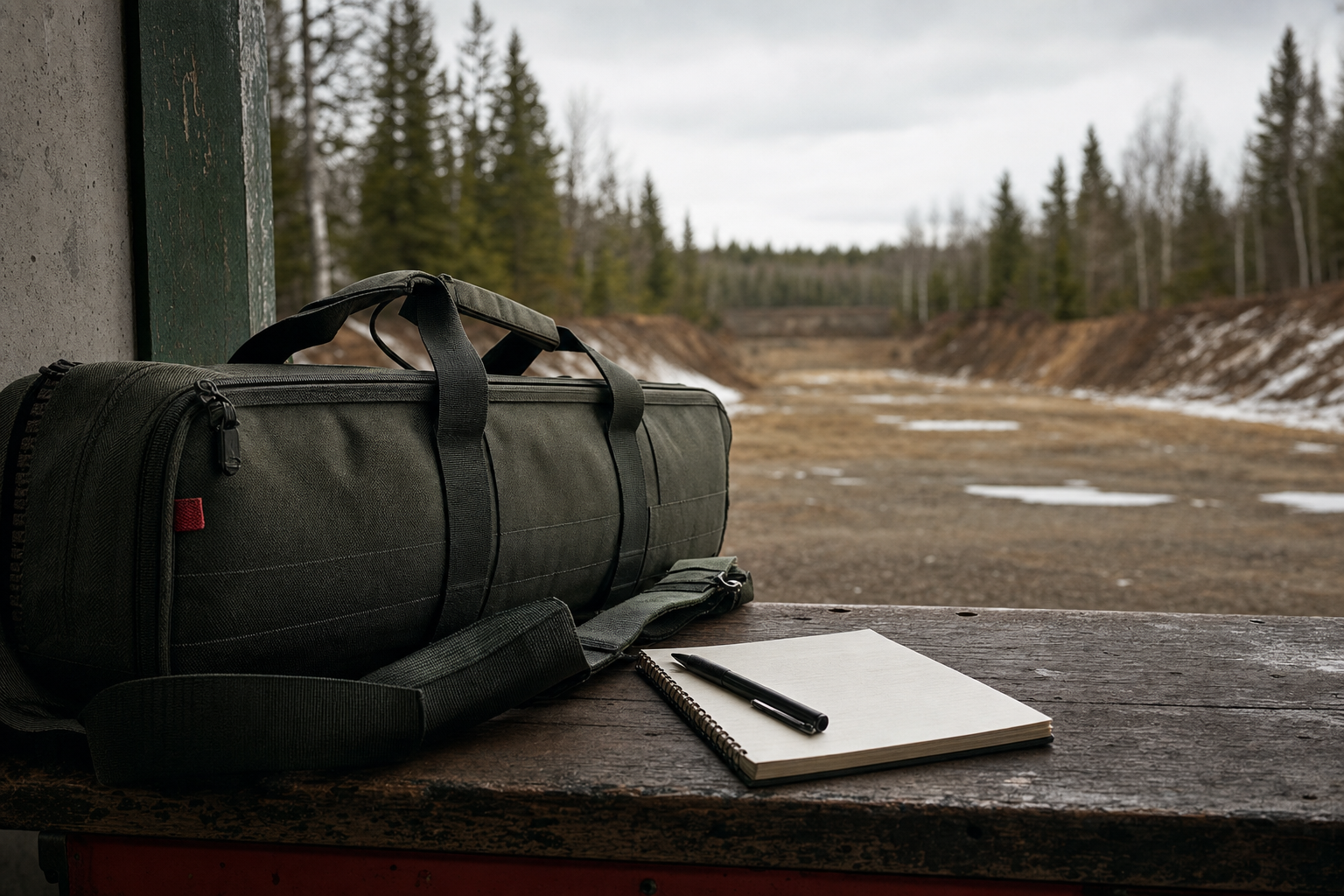 A quiet range bag and notebook beside a Canadian range lane, without targets or ammunition.