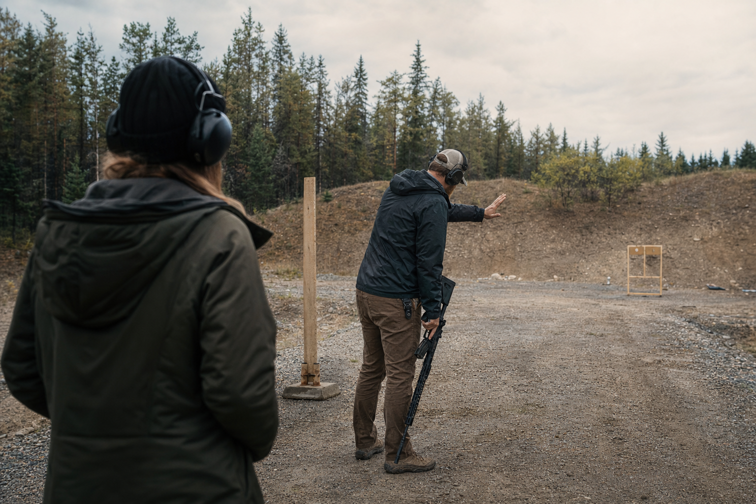 A newer adult shooter standing back while another person confirms the range is cold.