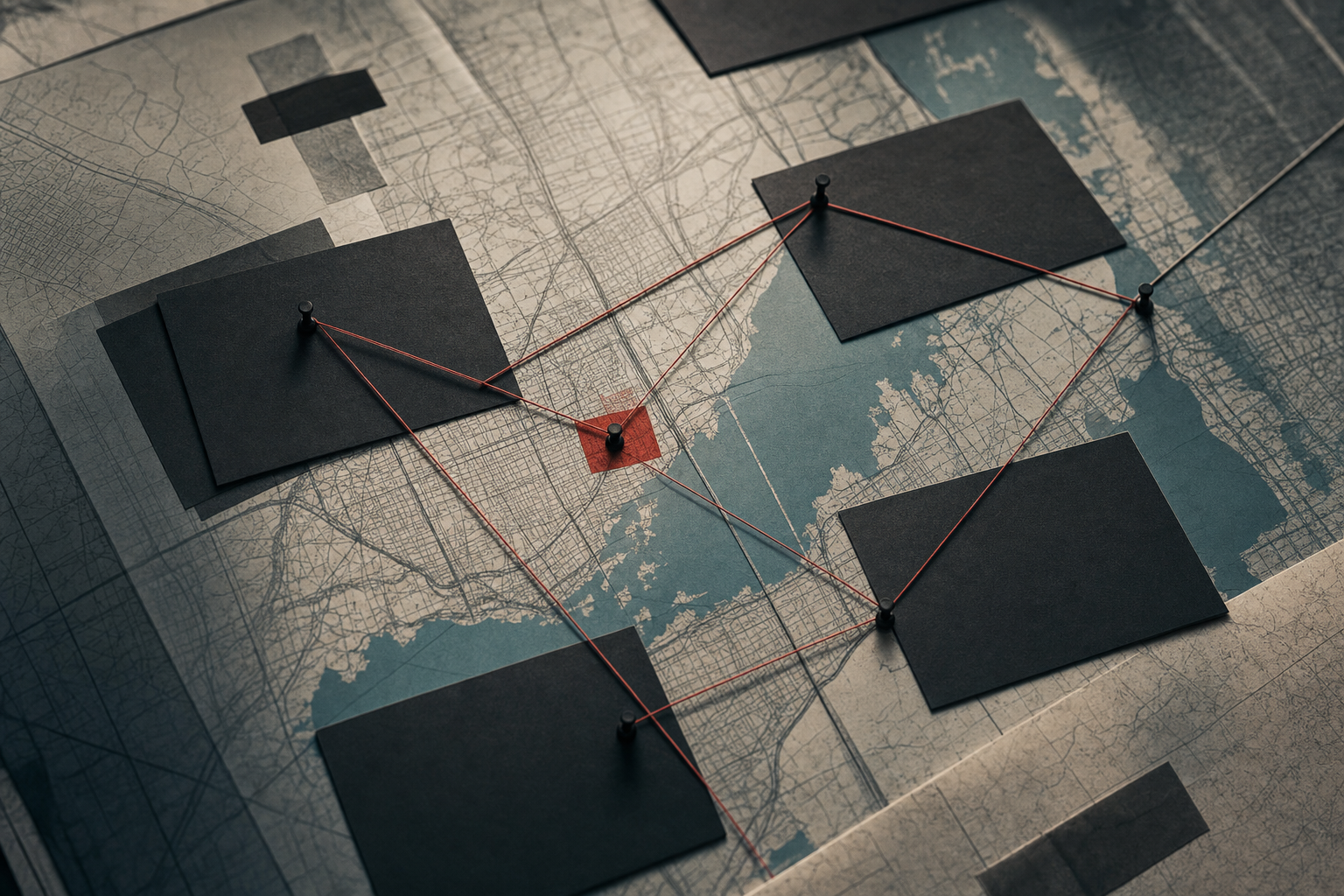 A restrained investigative map and tracing route shown as abstract evidence geometry.