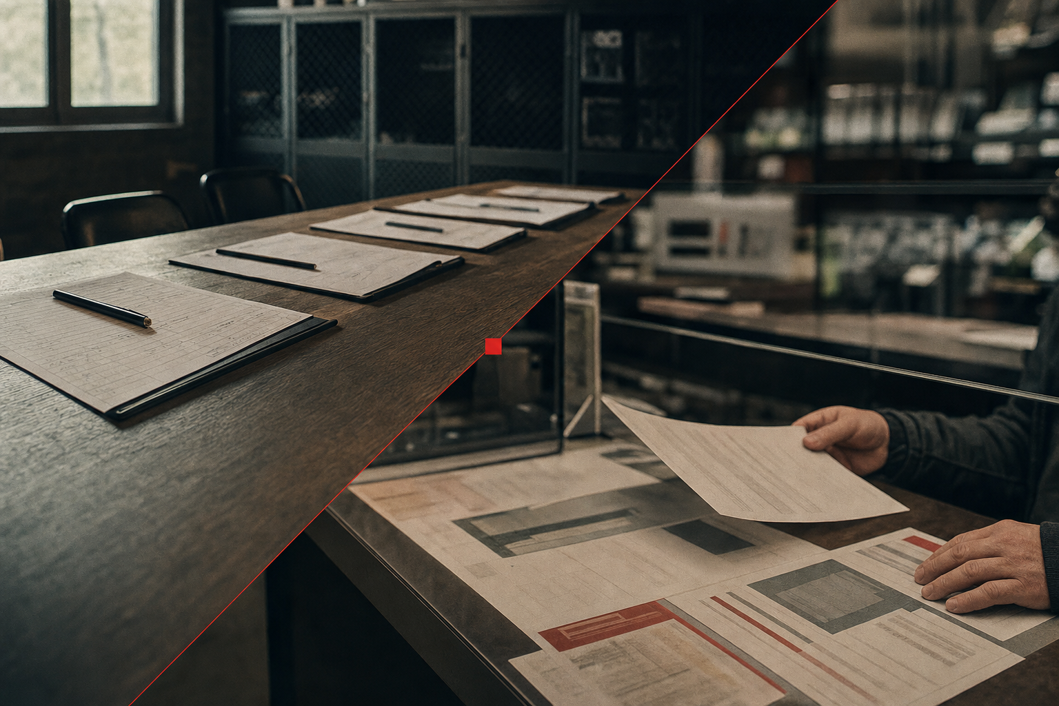 A quiet club sign-in texture and shop counter paperwork shown as non-readable abstractions.