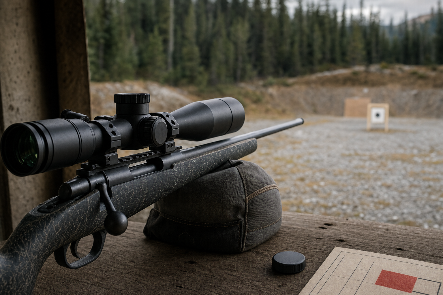 A safe Canadian range bench with a scoped precision rifle detail, rear bag, and blurred target backer.