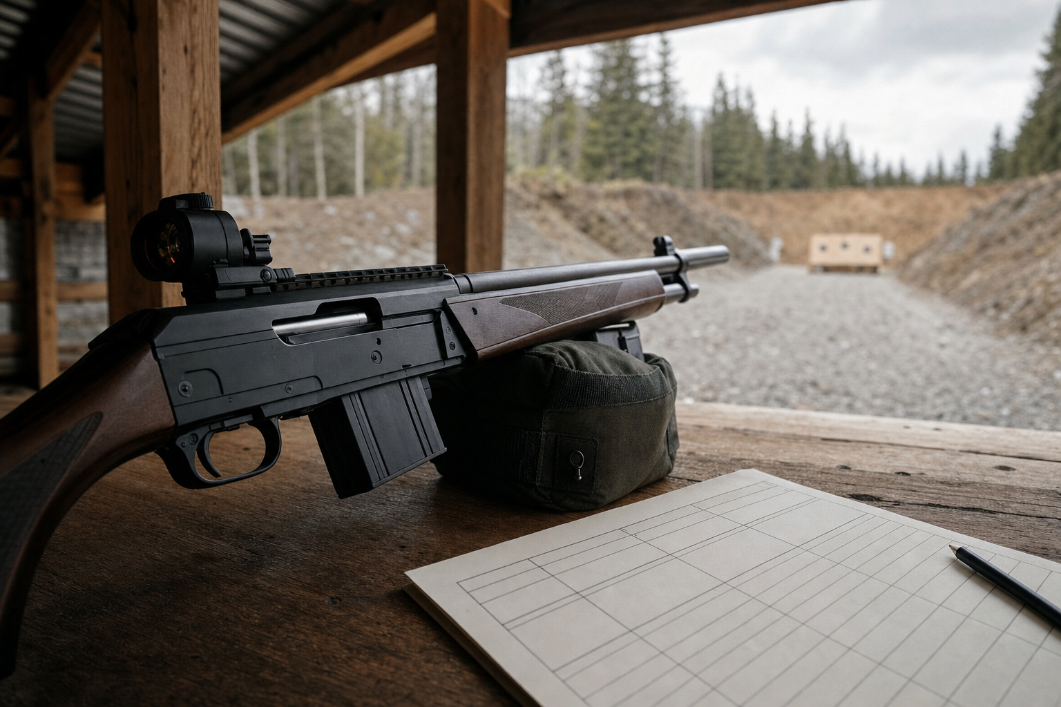 A covered Canadian range bench with a safe rifle detail, blank range log, and distant target backer.