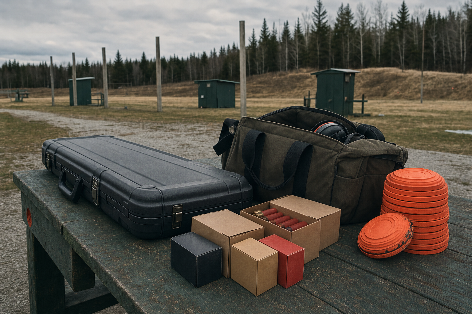 A Canadian clay range table with a closed shotgun case, range bag, shell boxes, and clay targets.