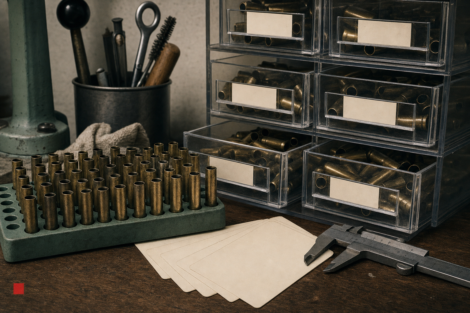 Reloading blocks and acrylic drawers with blank labels used to track brass preparation stages.