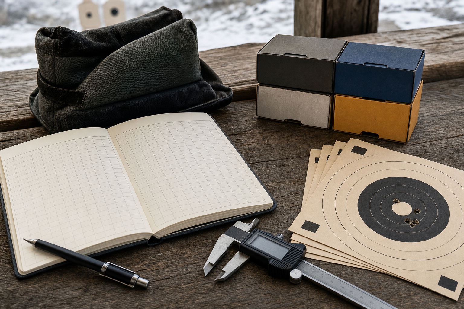 A blank rimfire lot notebook beside calipers, target cards, and generic .22 LR ammunition boxes.