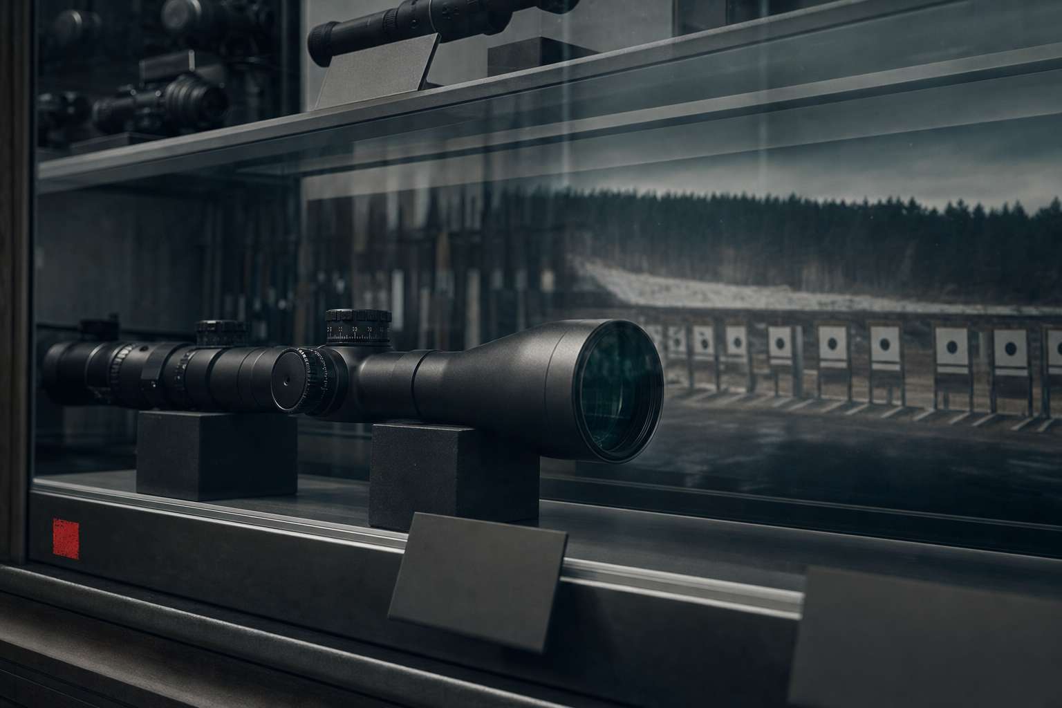 A cold Canadian retailer glass-case mood with an unbranded competition scope shape and a range-lane reflection.