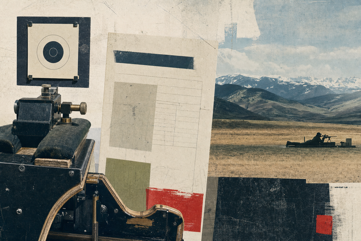 A Canadian precision-rimfire match prop and distant Alberta foothills represented in an editorial collage.