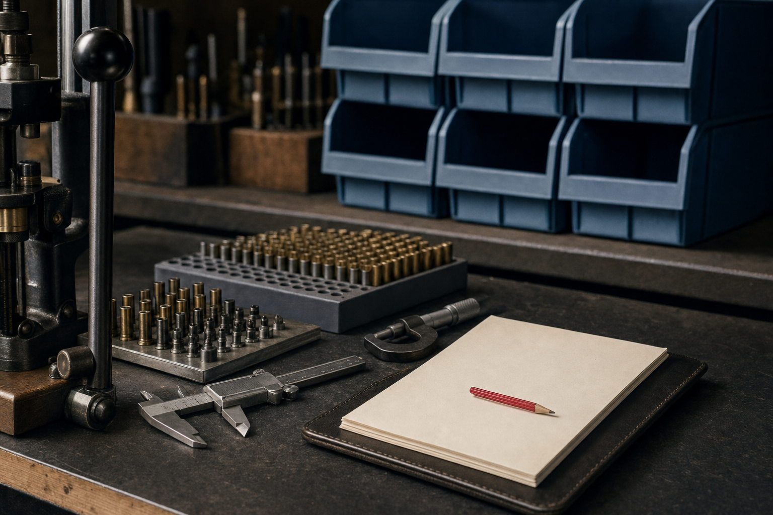 A tidy precision reloading bench with organized trays and blank notes contrasted with unlabelled program bins.