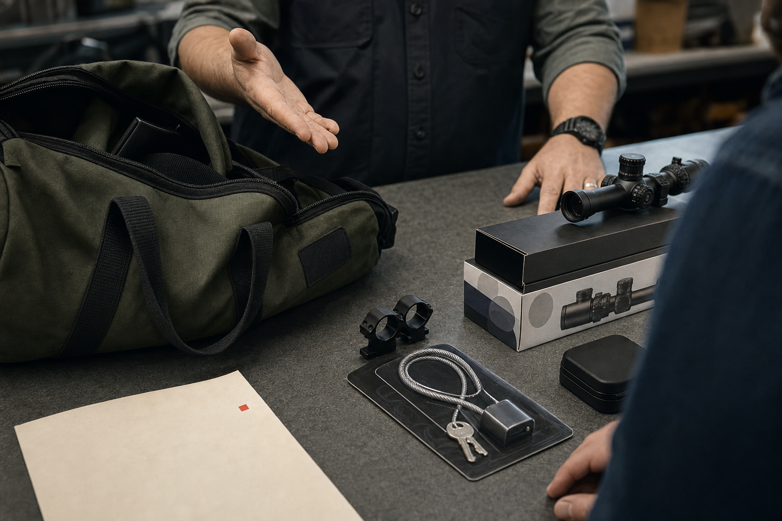 A quiet retail counter with a range bag, optics boxes, and safe-storage accessories.