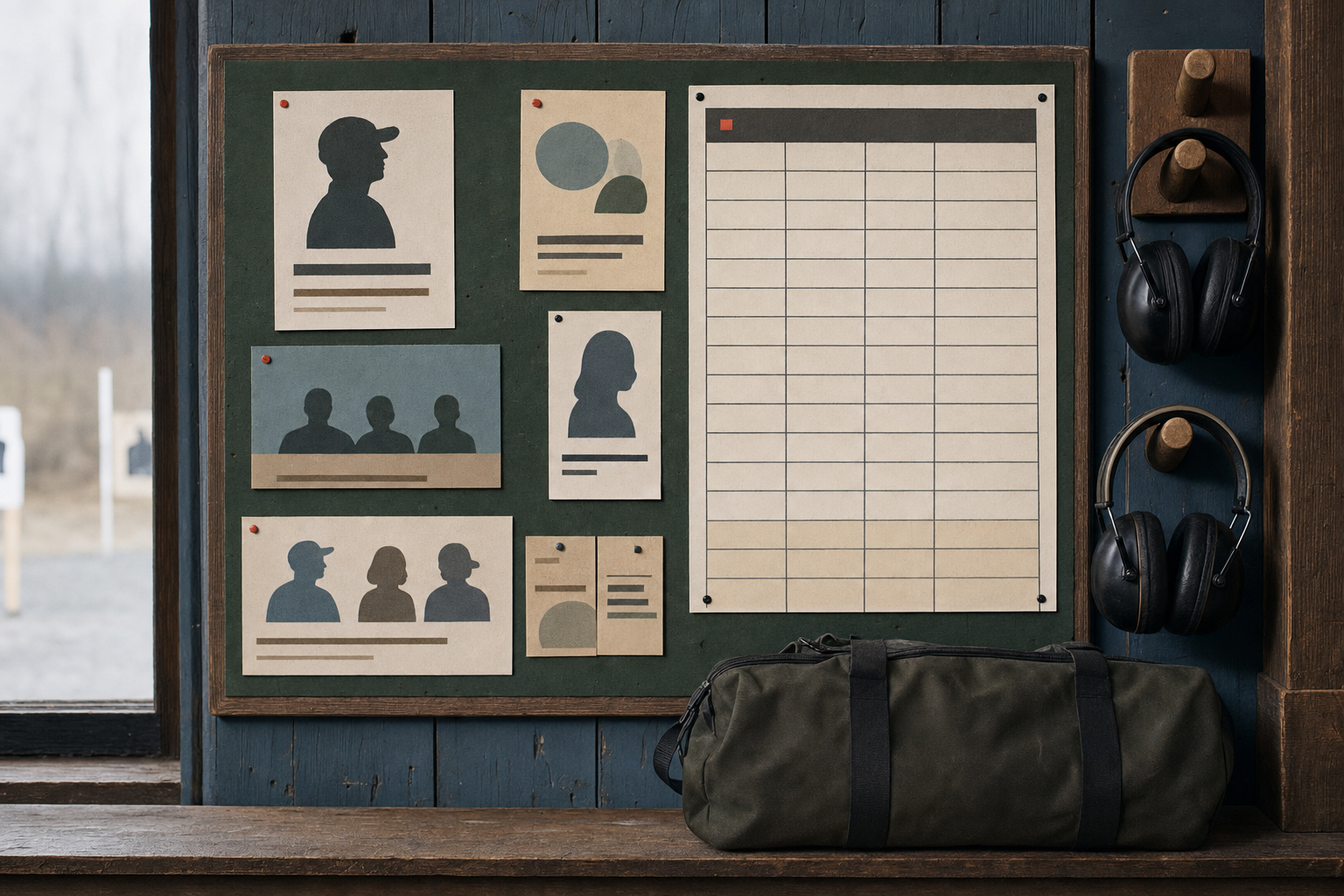 A range clubhouse notice board suggesting new-shooter introductions without readable text.