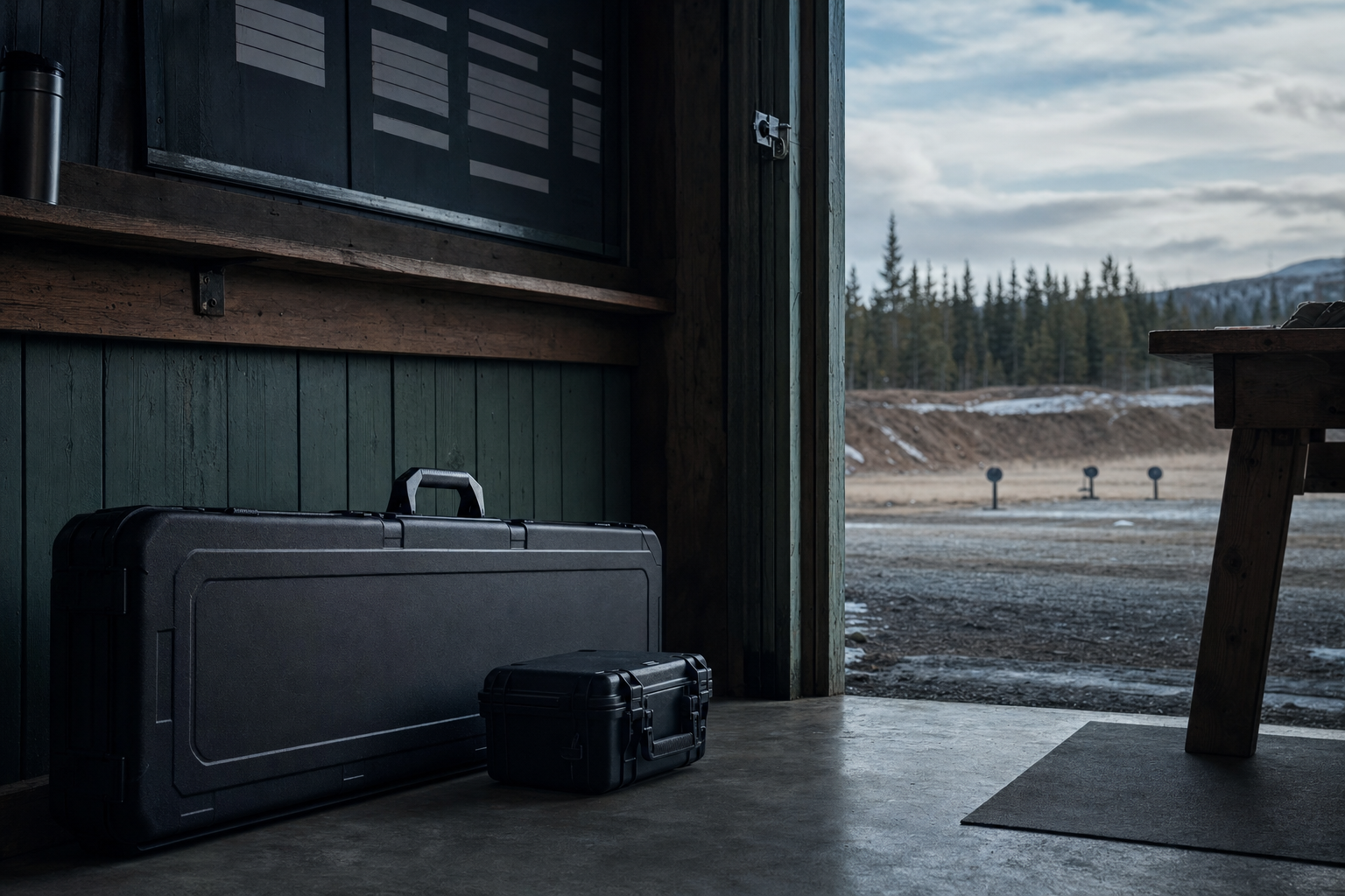 A Canadian club doorway with a closed rifle case, optic case, and small steel-prop silhouettes in the distance.