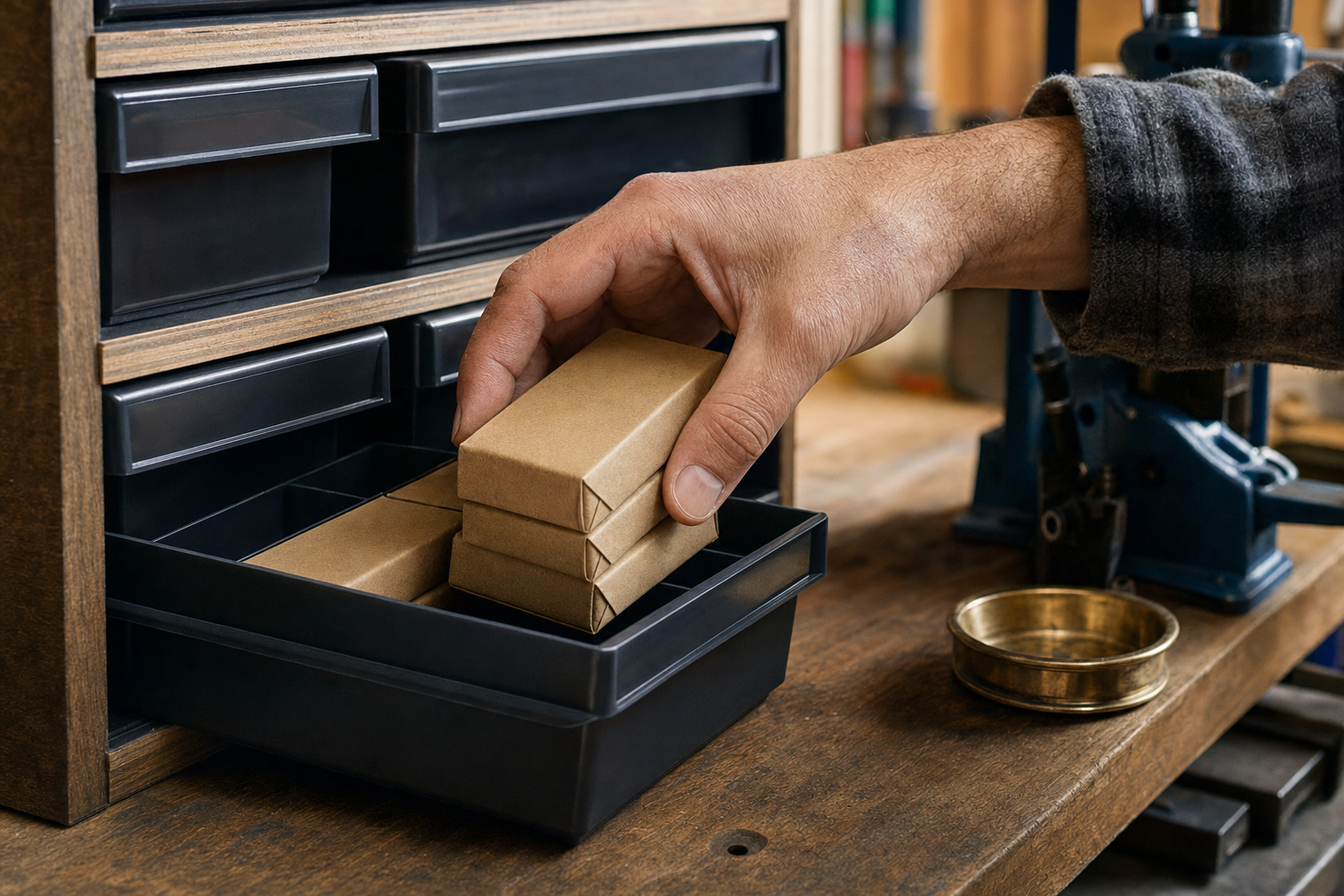 An adult hand placing sealed generic primer-family packages into modular storage on a reloading bench.